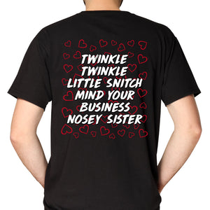 Black personalized mind your business t-shirt with white text and red hearts on the back