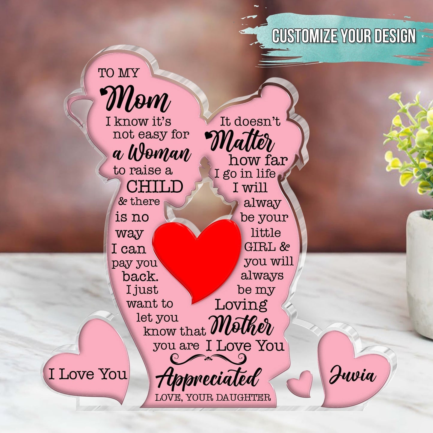 Personalized mom acrylic plaque with heartfelt messages and a red heart design for gifting