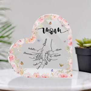 Personalized mom acrylic plaque featuring family names with floral design and heart shape