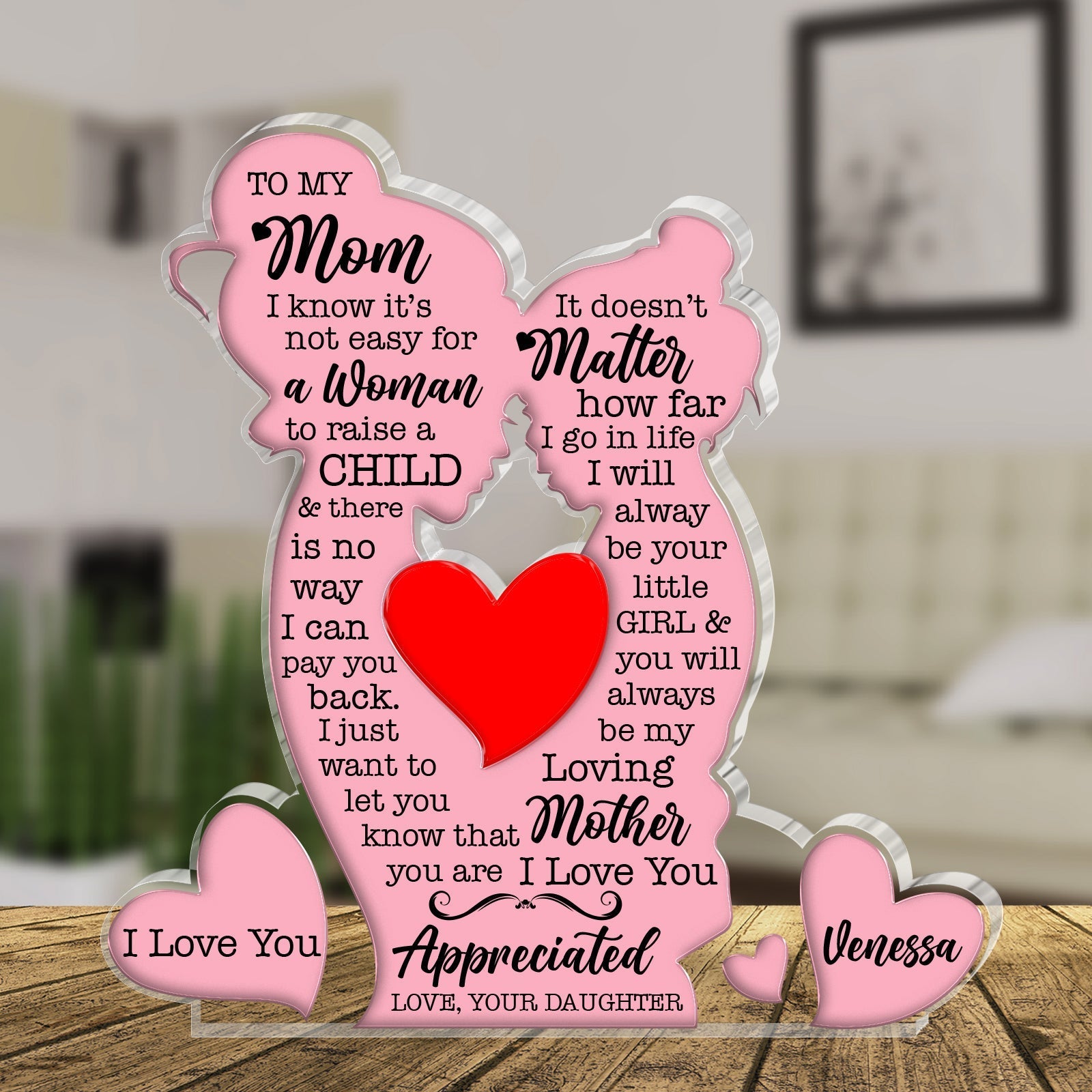 Personalized mom acrylic plaque featuring heartfelt messages and a red heart design