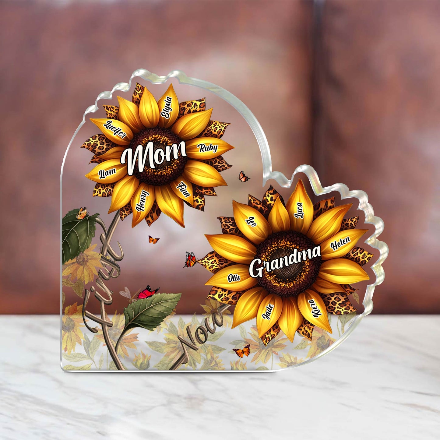 Personalized mom acrylic plaque featuring sunflower designs with customizable names and heartfelt messages
