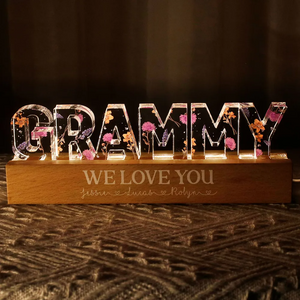 Personalized mom birth LED Light in clear acrylic with floral design and wooden base for unique gifts