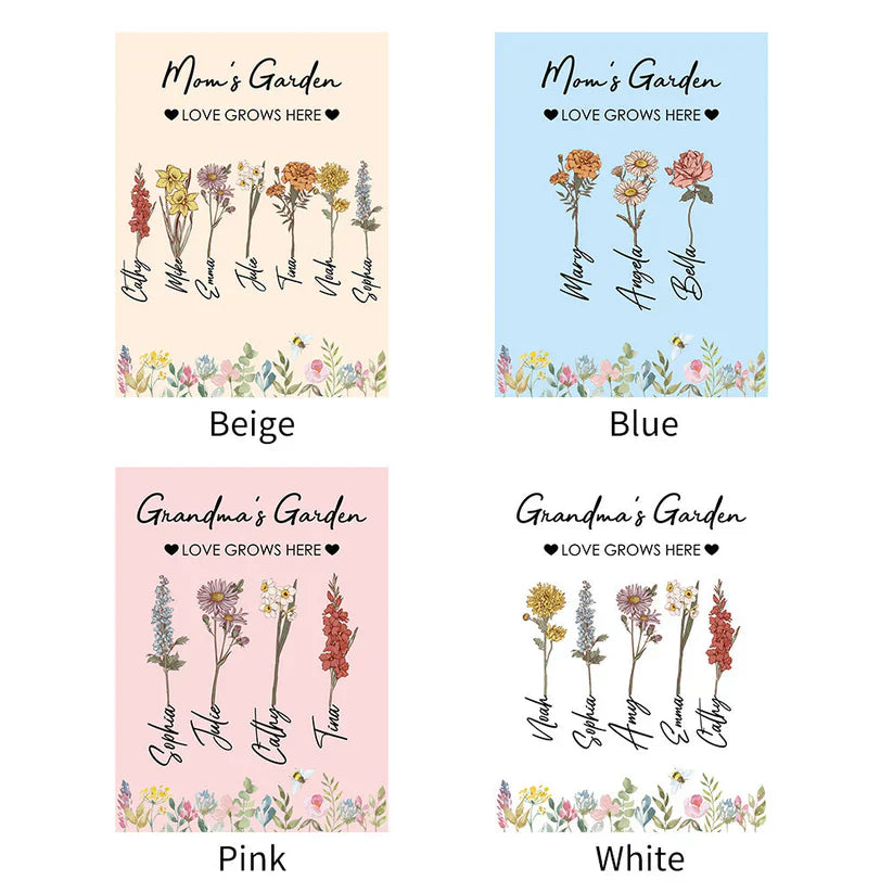 Personalized mom blanket in four colors featuring floral designs and customizable names
