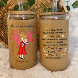 Personalized mom can glass featuring heartfelt messages and illustrations for special occasions