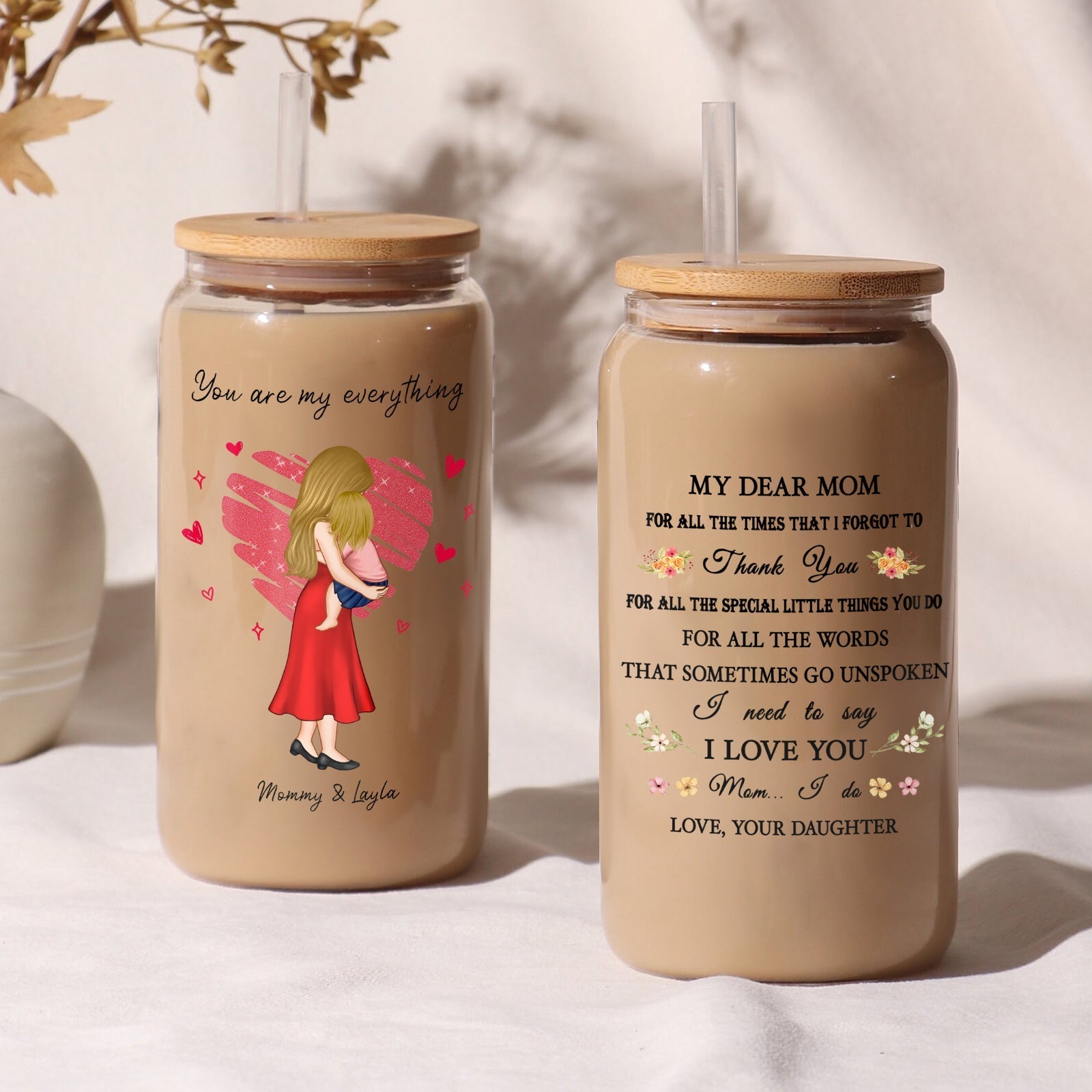 Personalized mom can glass featuring heartfelt message and cute design for special gifts