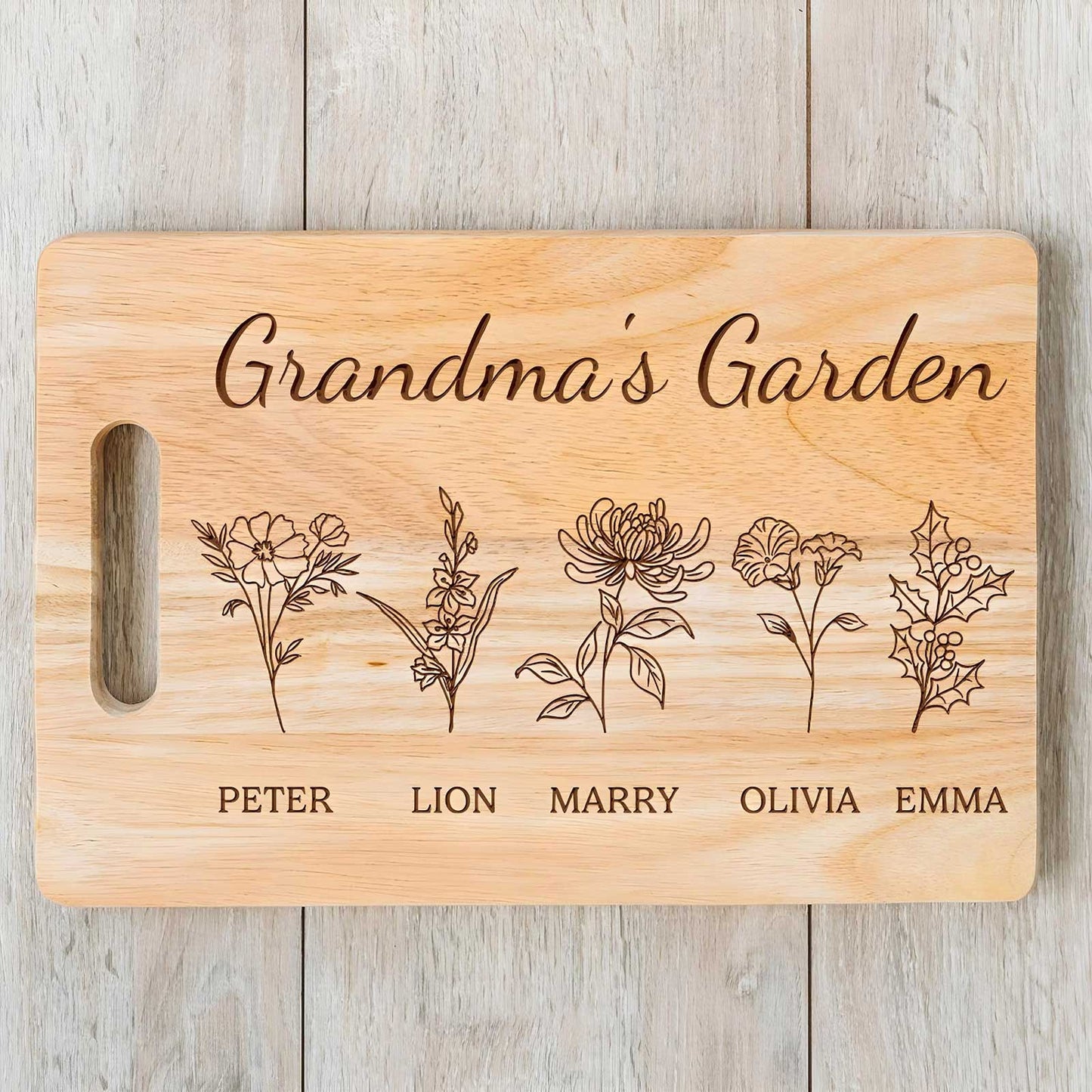 Personalized mom cutting board featuring floral designs and names for a unique kitchen gift