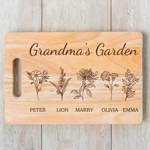 Personalized mom cutting board featuring floral designs and names for a unique kitchen gift
