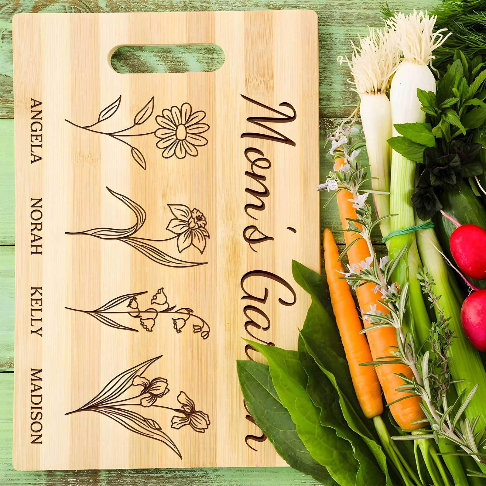 Personalized mom cutting board with engraved floral designs and names for a unique kitchen gift