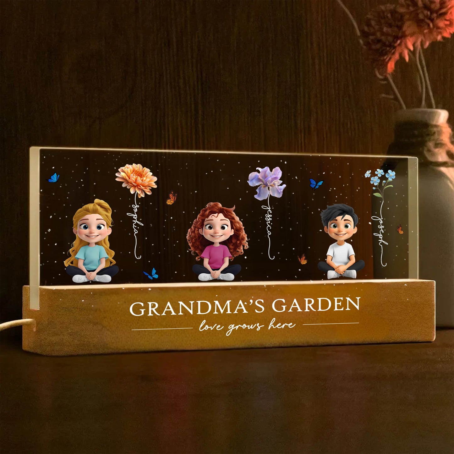 Personalized mom garden LED night light featuring kids in a garden setting with floral designs