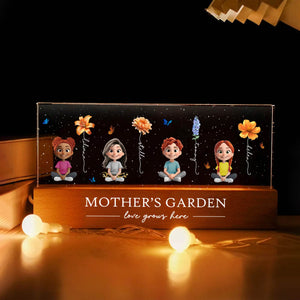 Personalized mom garden LED night light with colorful floral designs and cute characters for a warm ambiance