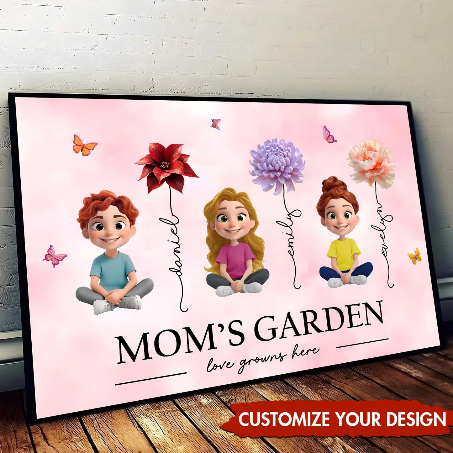 Personalized mom garden poster with cartoon children and flowers for a unique home decor gift