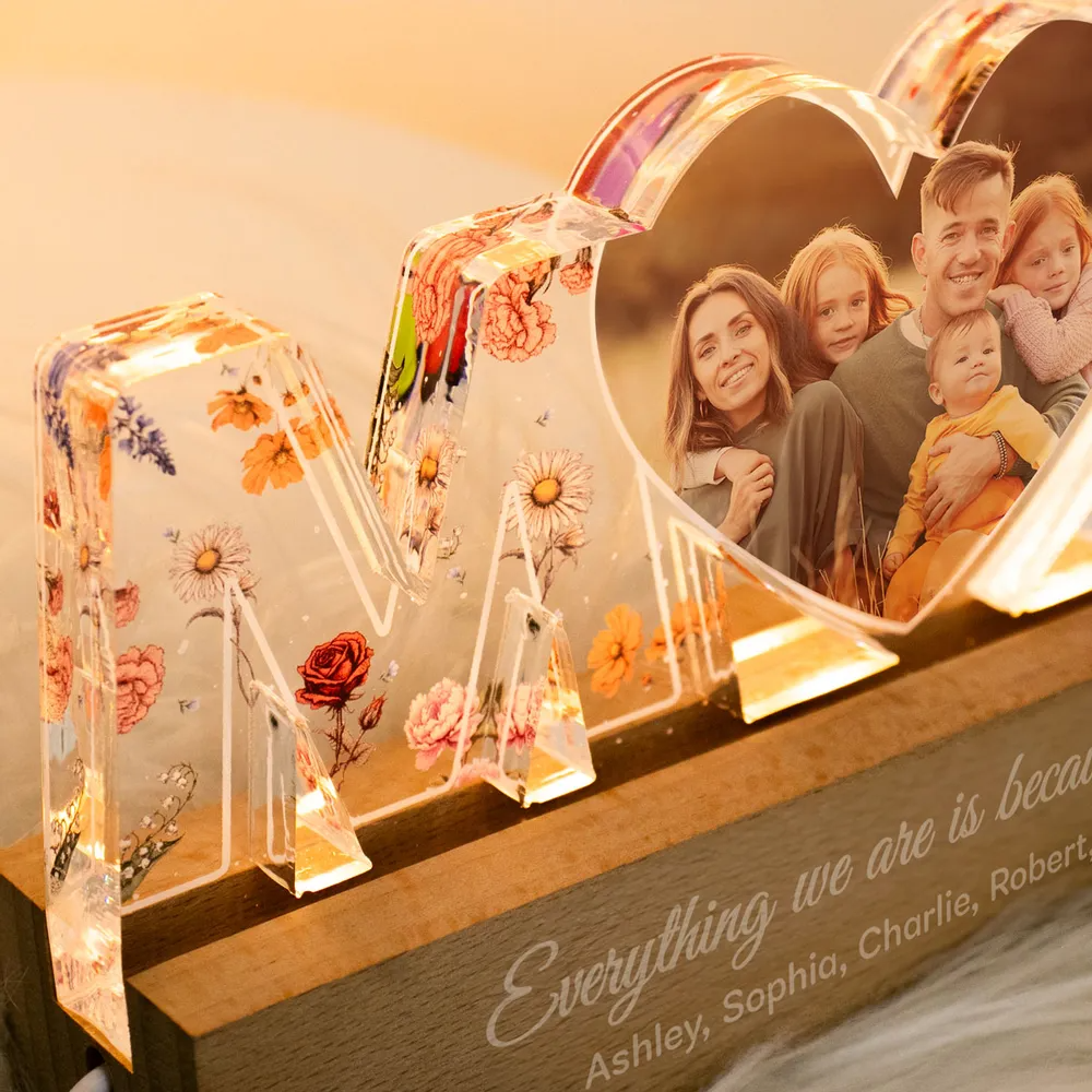 Personalized mom LED night light featuring a floral design with family photo and engraved wooden base
