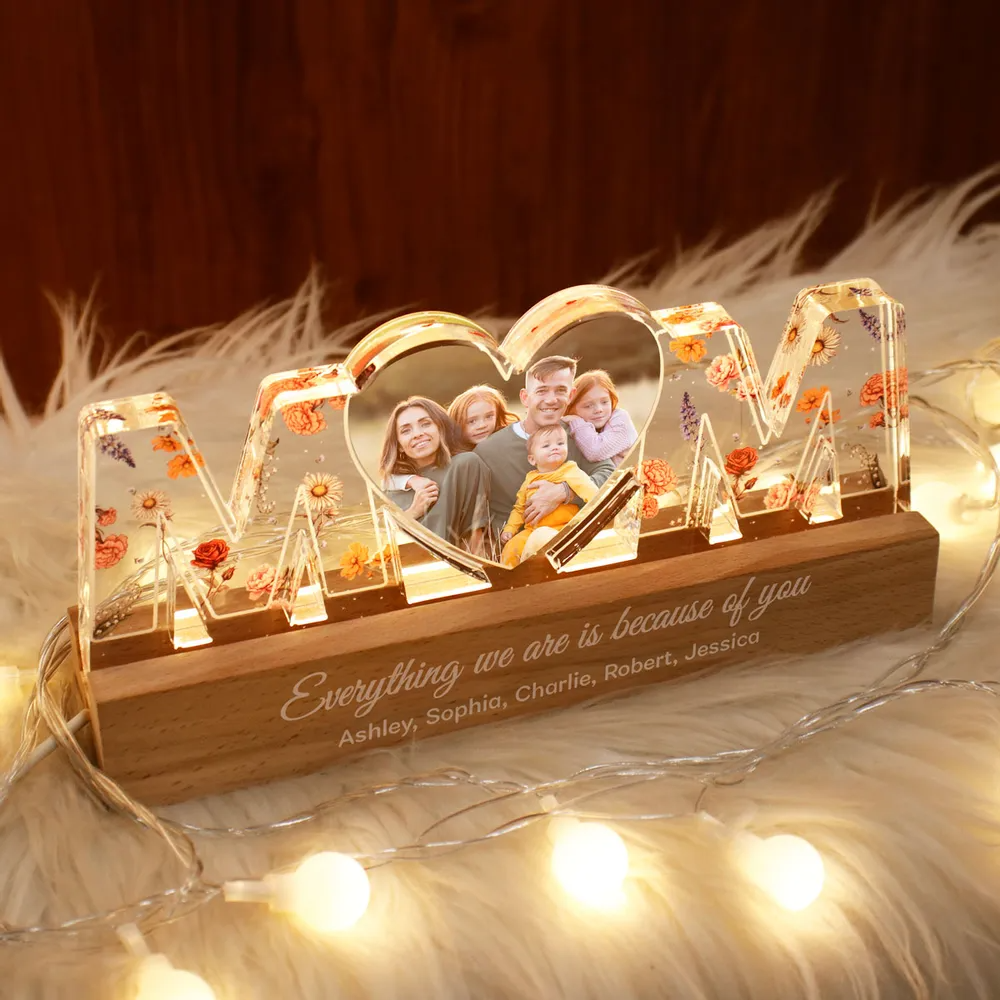 Personalized mom LED night light with floral design and family photo for a heartfelt gift