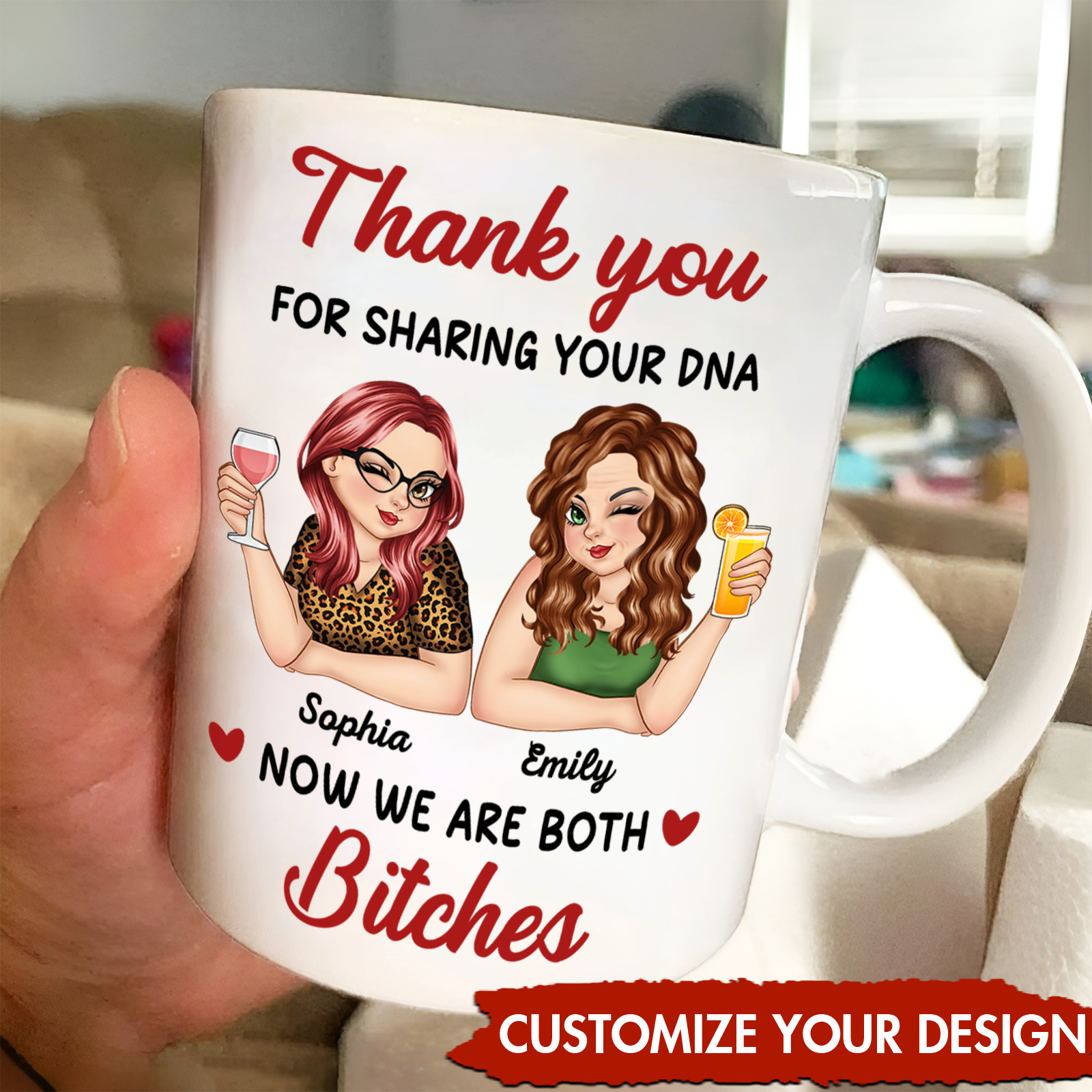 Personalized mom mug with custom cartoon characters and thank you message for special occasions
