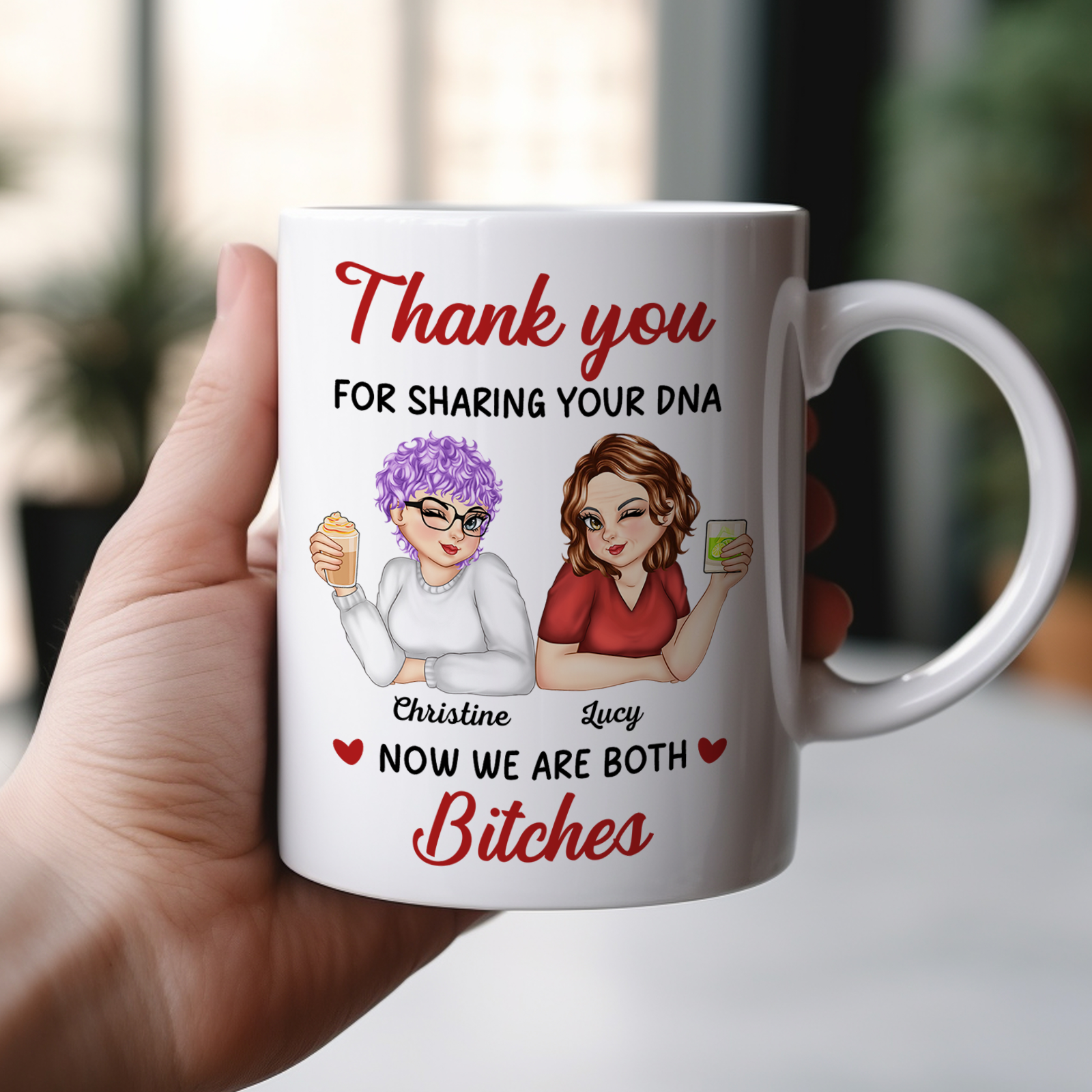 Personalized mom mug featuring cartoon characters with a humorous thank you message