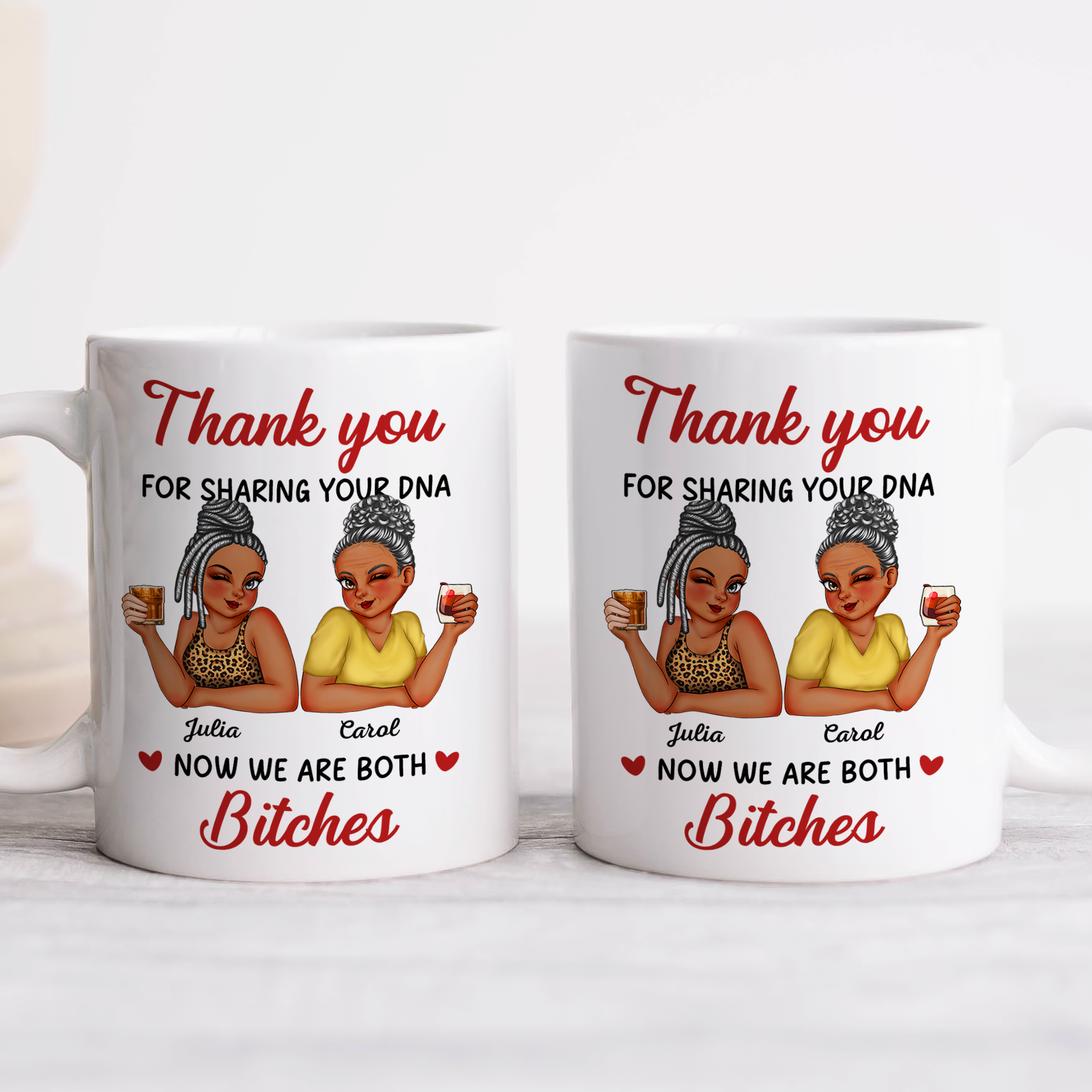 Personalized mom mug with thank you message and two illustrated women holding drinks