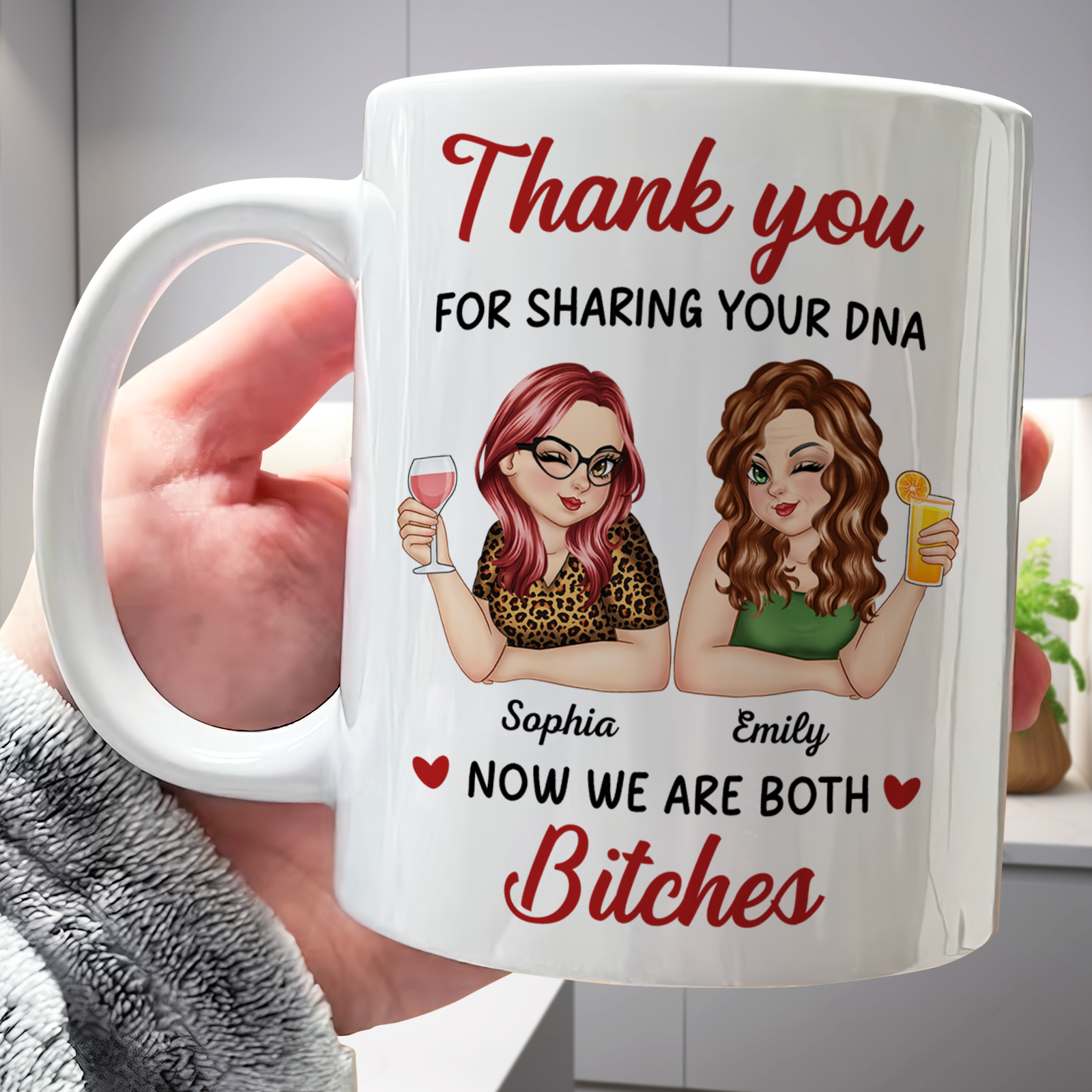 Personalized mom mug featuring custom illustrations and a funny thank you message for friends