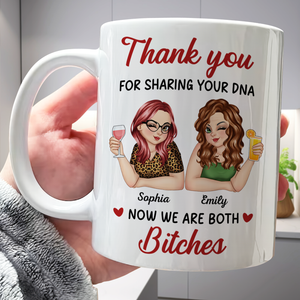 Personalized mom mug featuring custom illustrations and a funny thank you message for friends