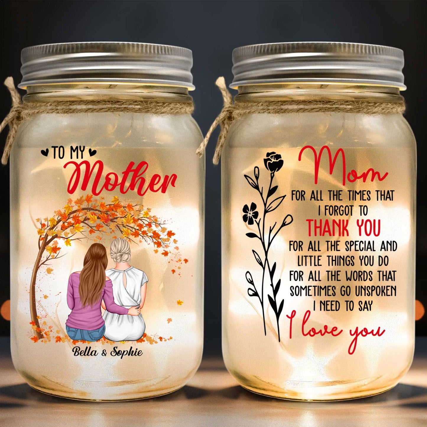 Personalized mom night light in a jar with heartfelt messages and decorative design for special occasions