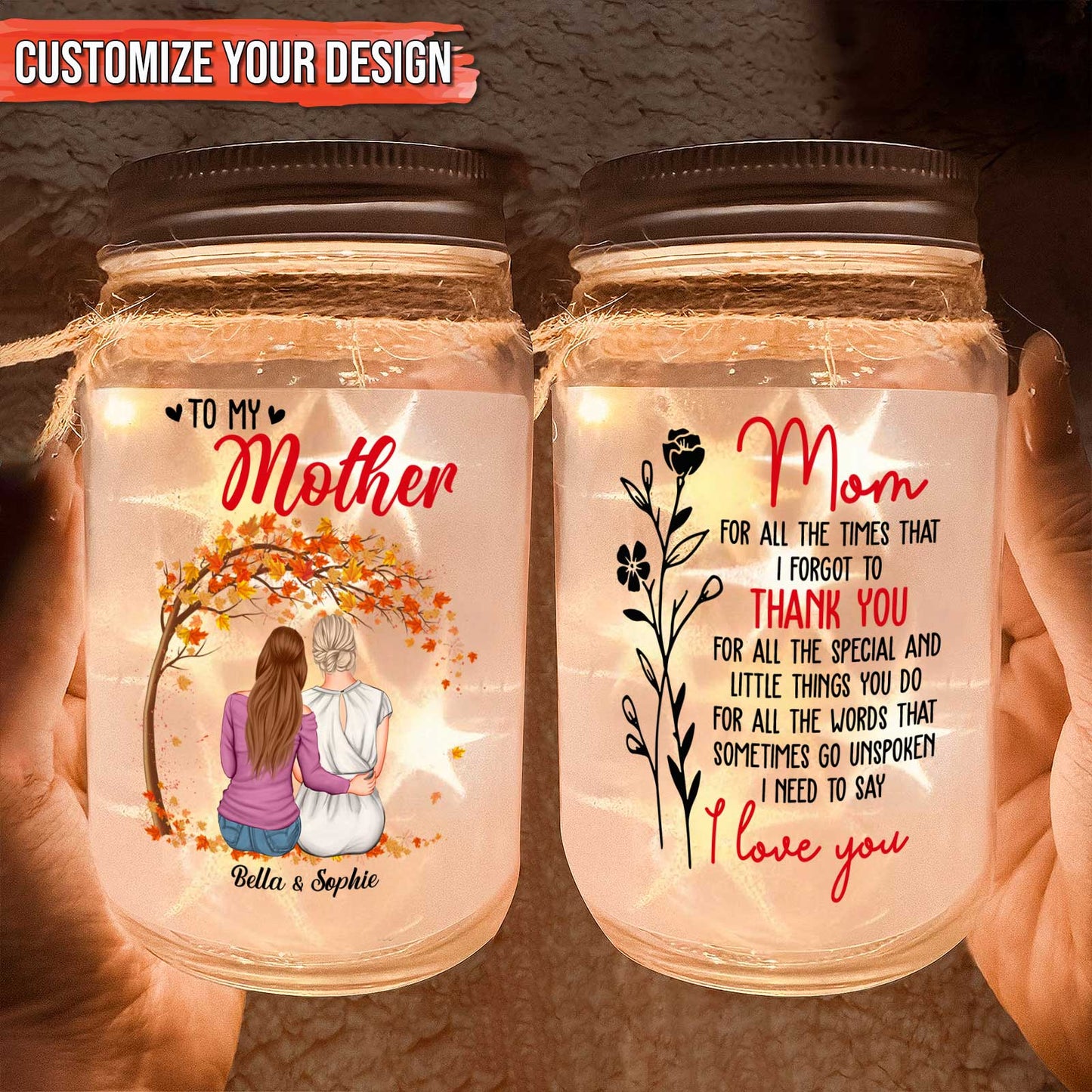 Personalized mom night light in a mason jar with custom designs and heartfelt messages