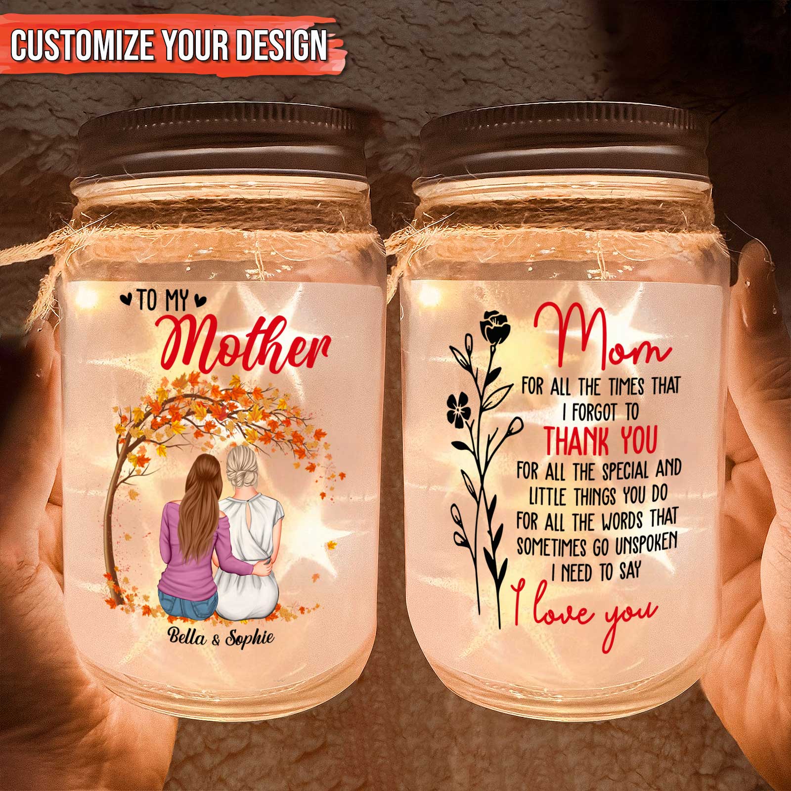 Personalized mom night light in a mason jar with custom designs and heartfelt messages