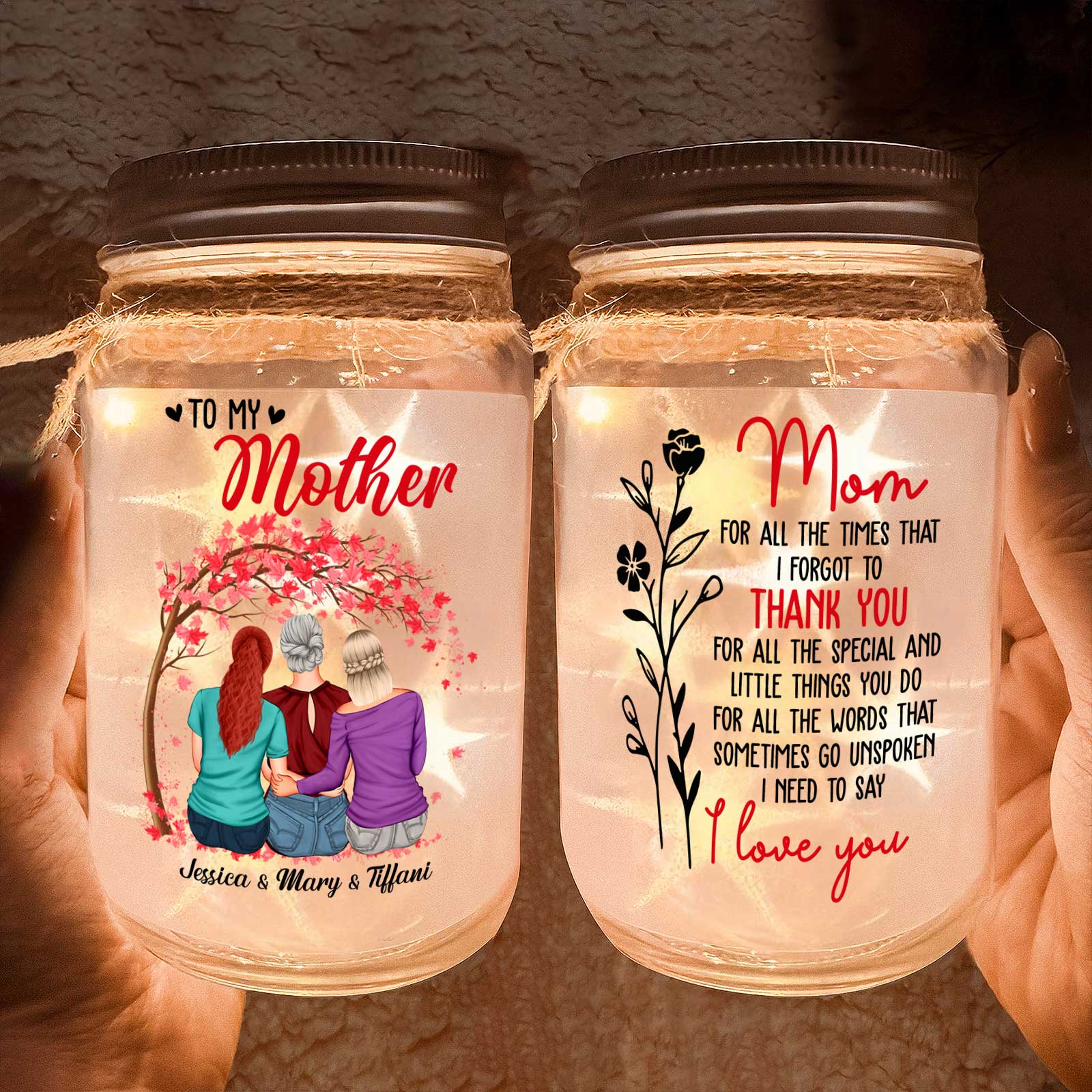 Personalized mom night light in a mason jar featuring heartfelt messages and colorful designs