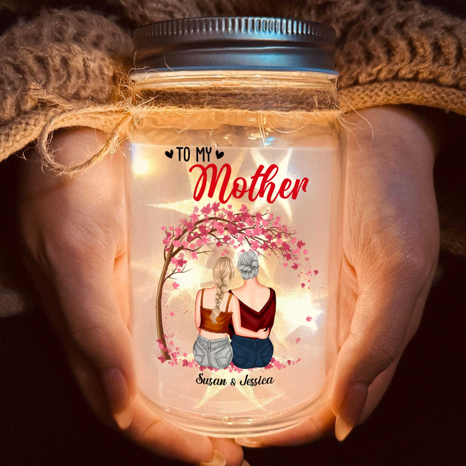 Personalized mom night light in a mason jar with a heartfelt message and decorative design