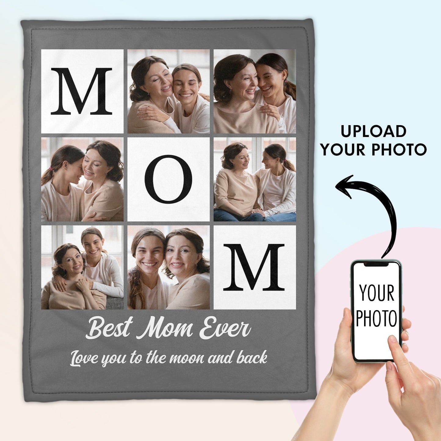 Personalized mom photo blanket featuring a collage of family moments and the text Best Mom Ever