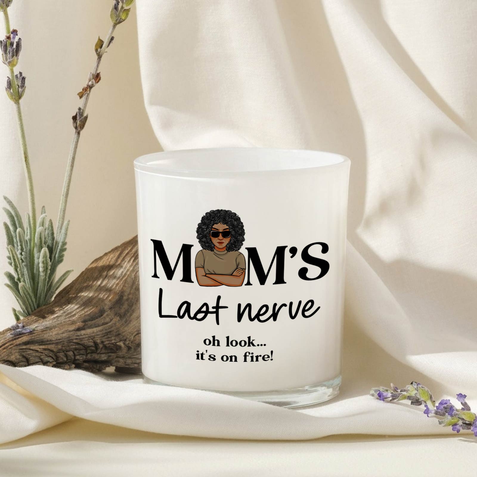 Personalized mom scented candle with humorous text and stylish woman graphic on a light background