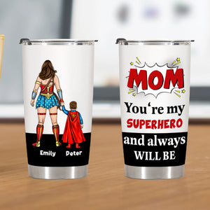 Personalized mom superhero tumbler featuring custom names and a superhero design