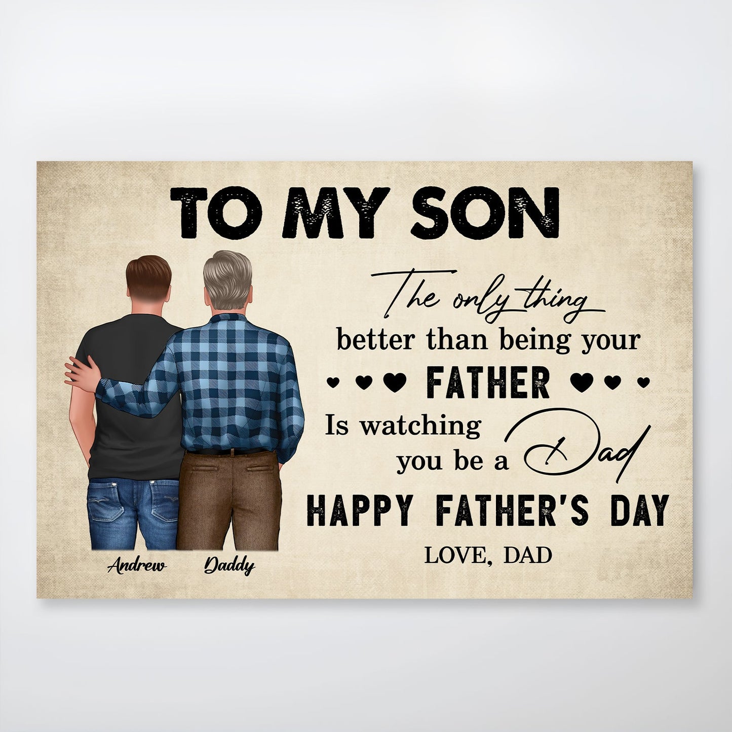 Personalized mom to son poster featuring heartfelt Father’s Day message with illustrated dad and son