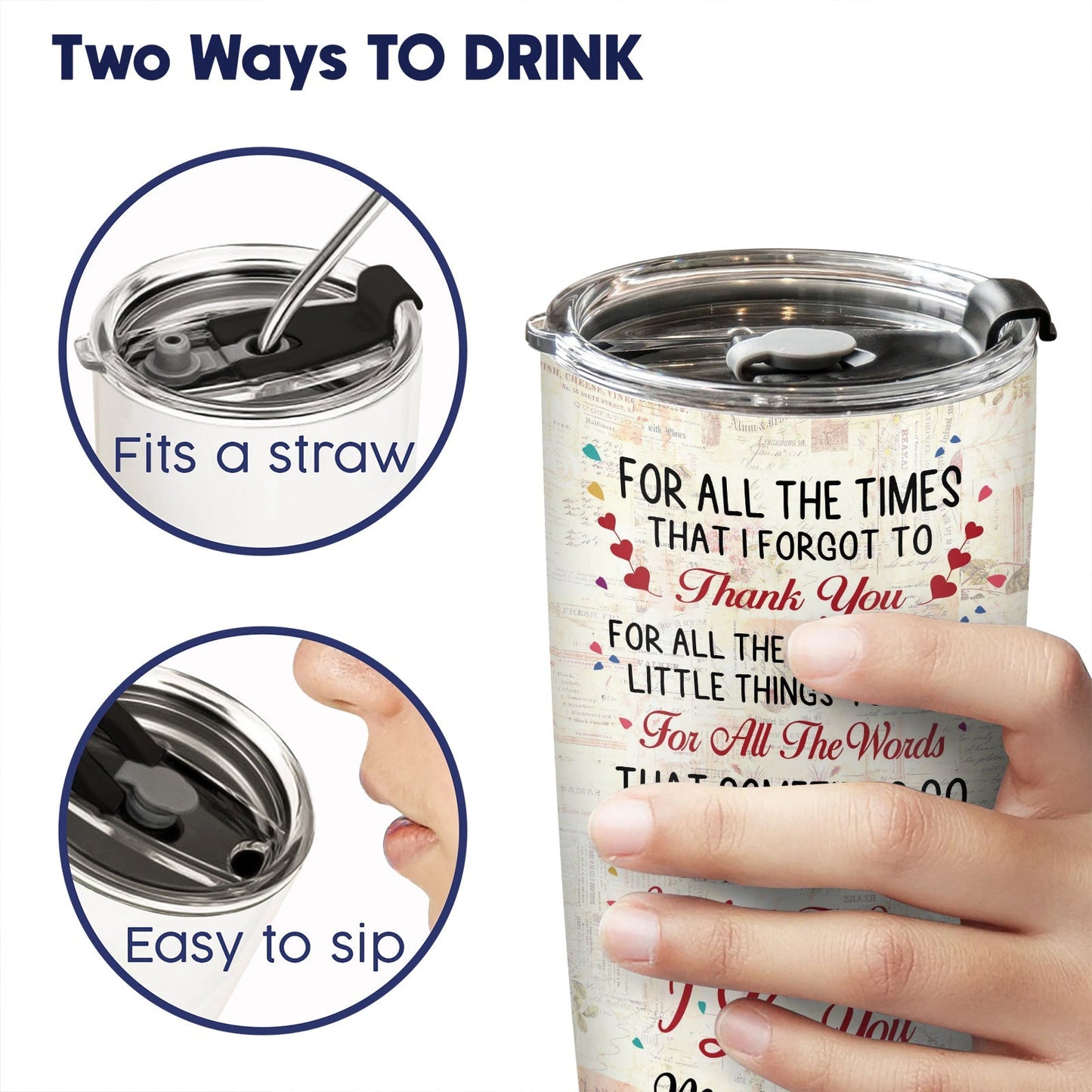 Personalized mom tumbler with dual drinking options for easy sipping or using a straw