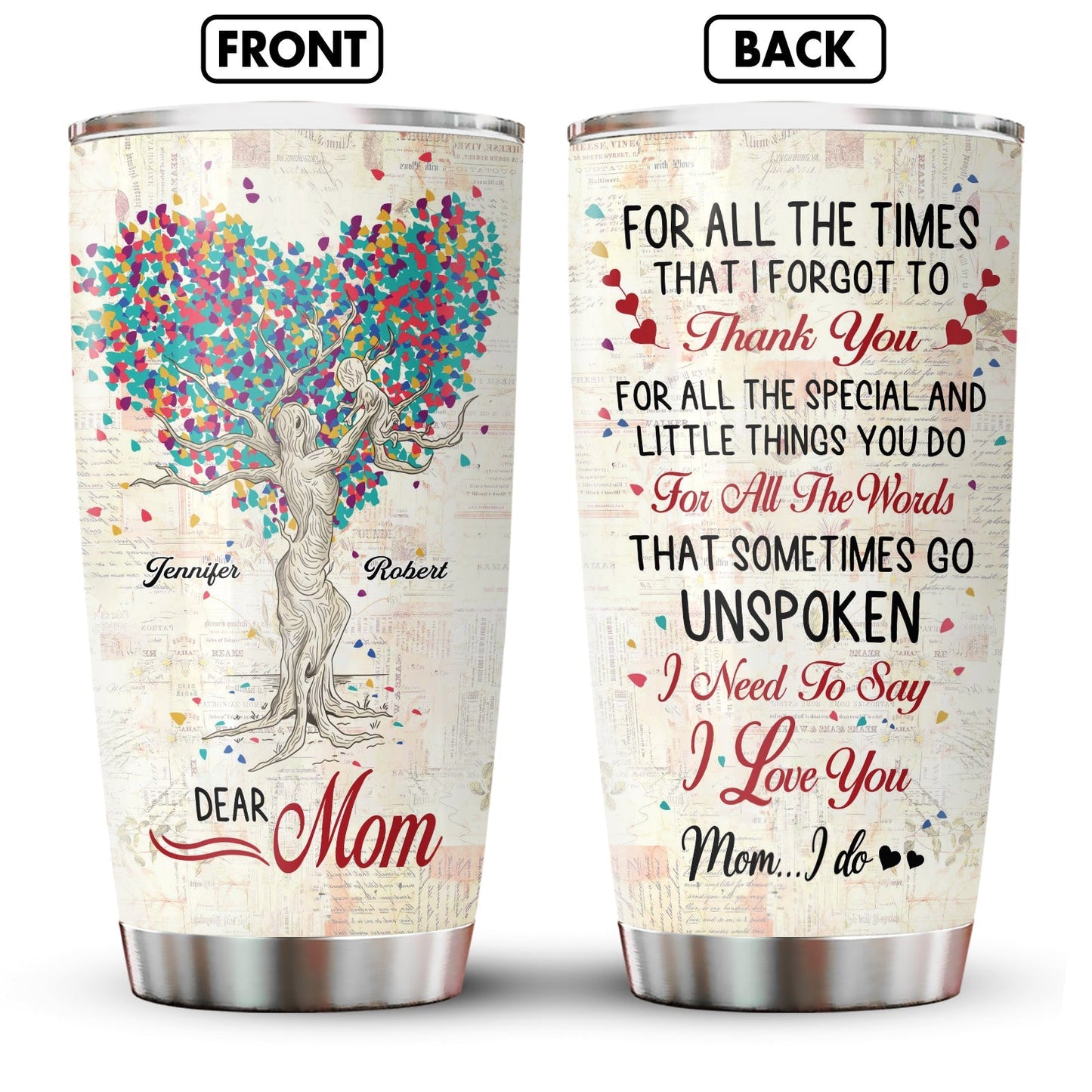 Personalized mom tumbler featuring heartfelt messages and a colorful tree design on a metal surface