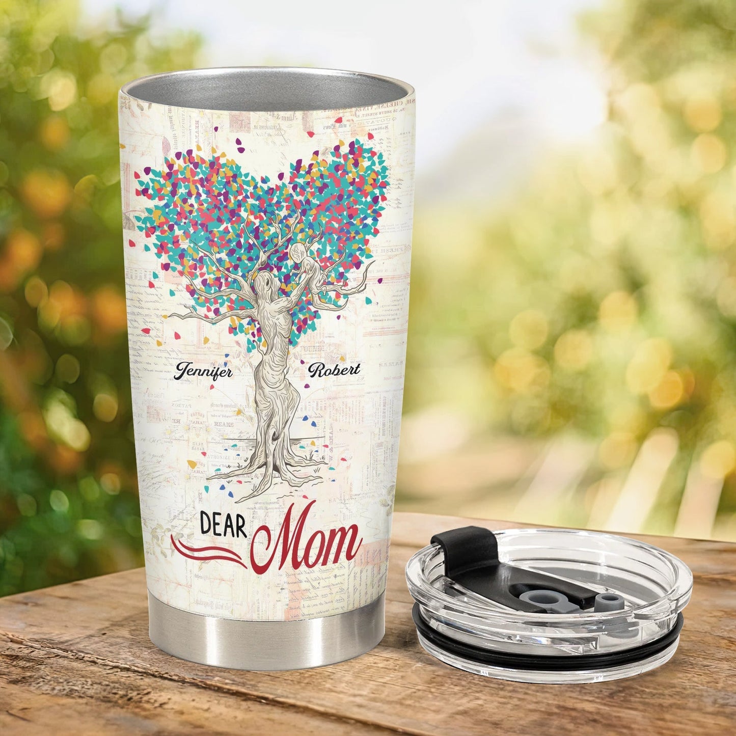 Personalized mom tumbler featuring a heart tree design with names for thoughtful gifting