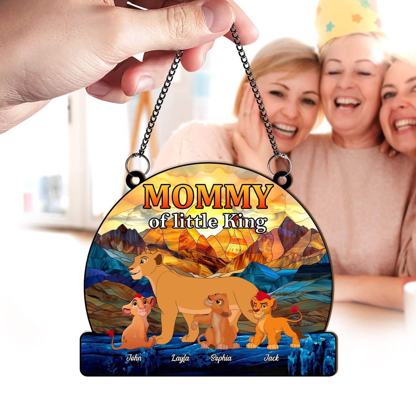 Personalized mommy suncatcher ornament featuring a colorful design with a lion and cubs for special occasions