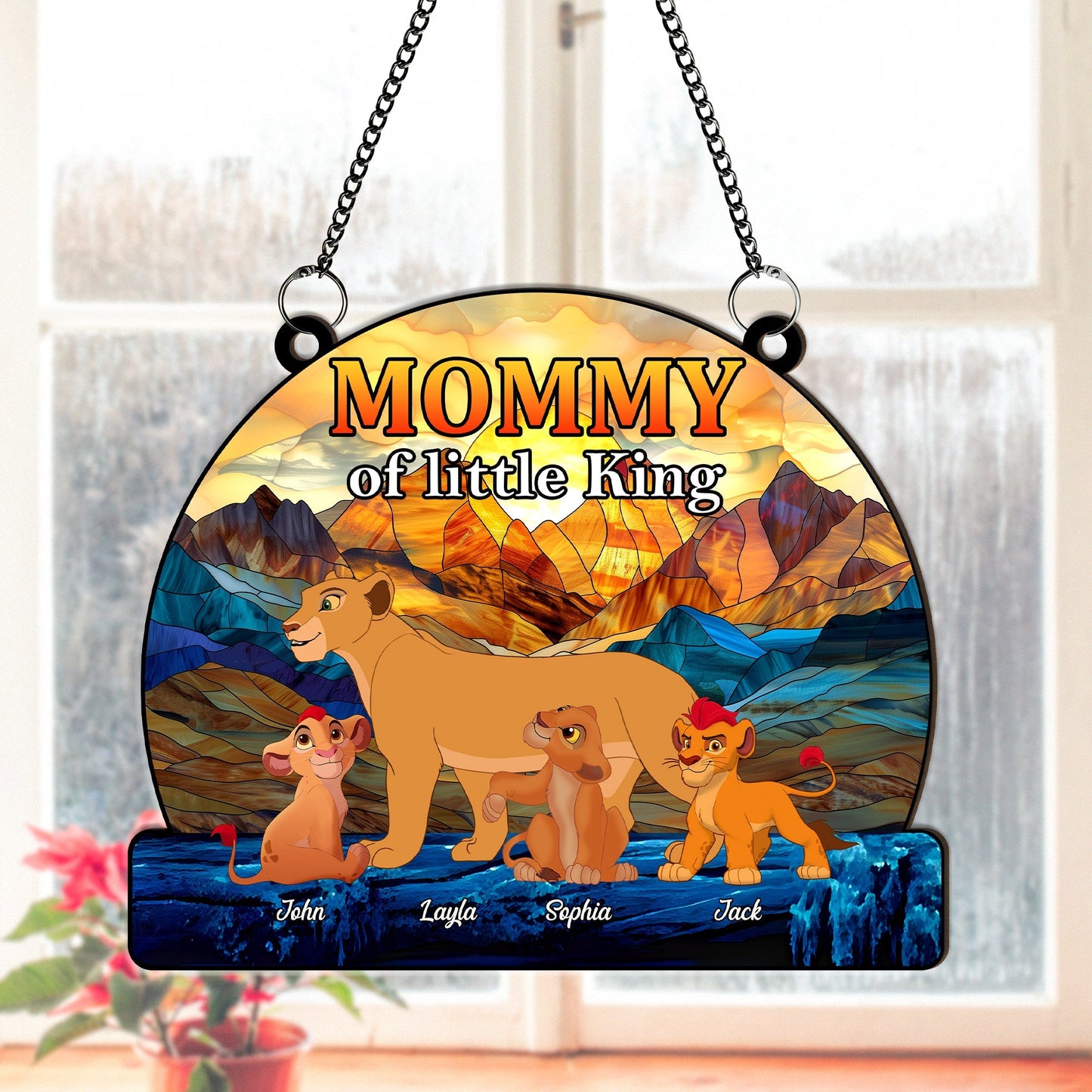 Personalized mommy suncatcher ornament featuring a lioness and her cubs in vibrant colors
