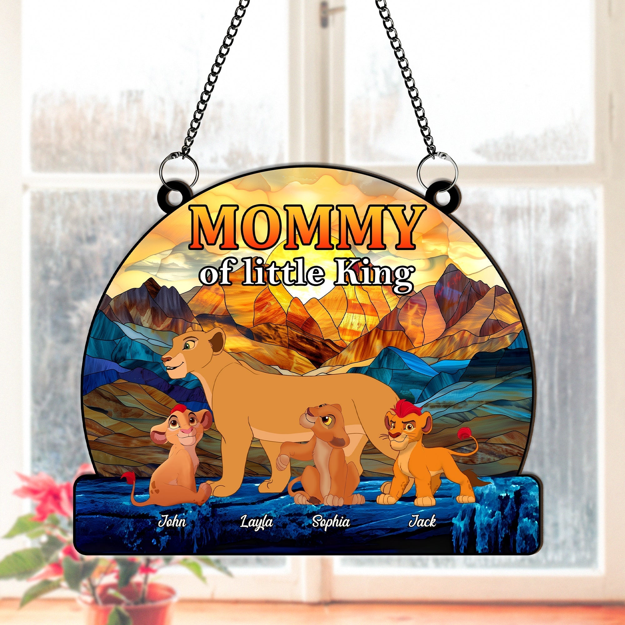 Personalized mommy suncatcher ornament featuring a lioness and her cubs in vibrant colors