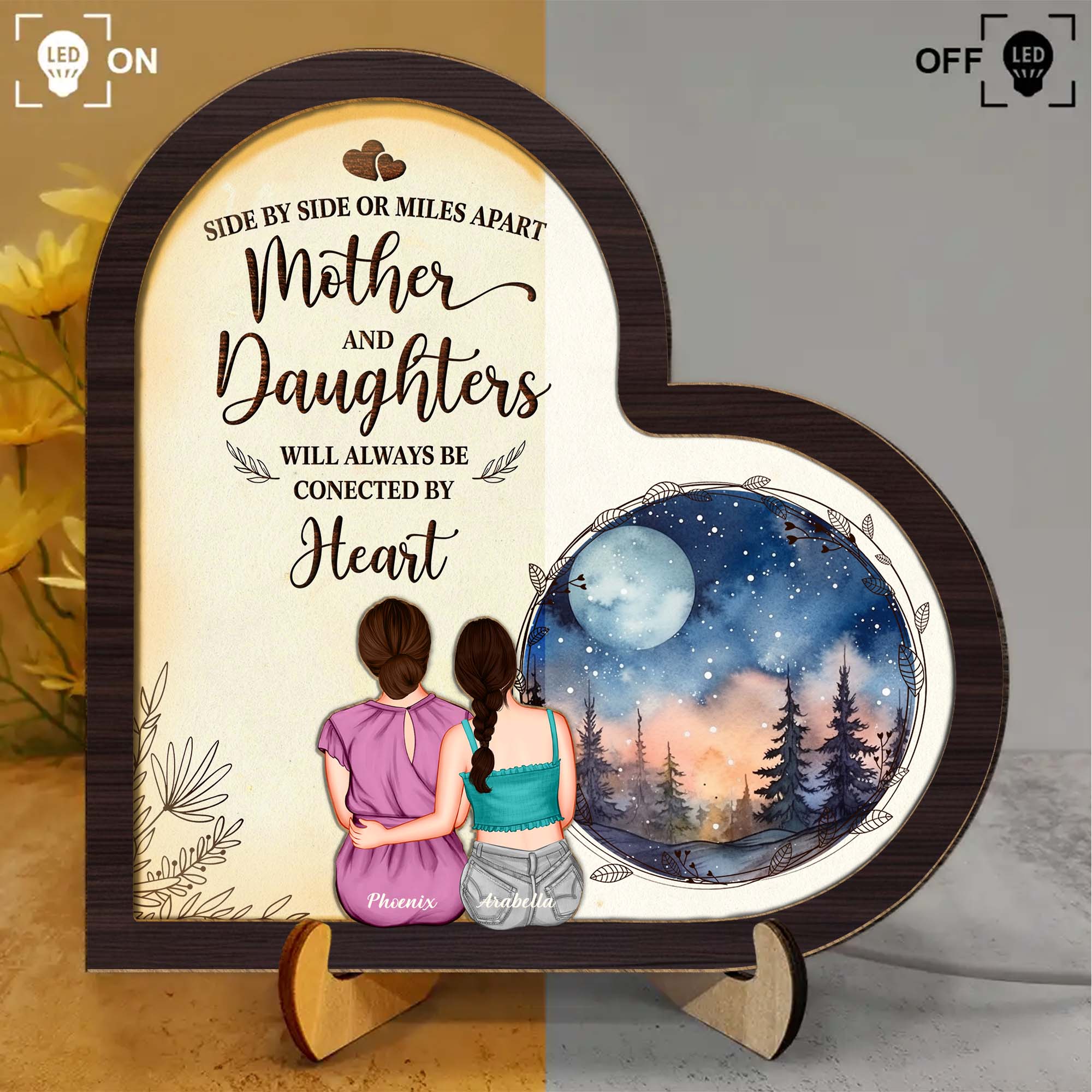 Personalized mother daughter LED light featuring an artistic design with a heartfelt message