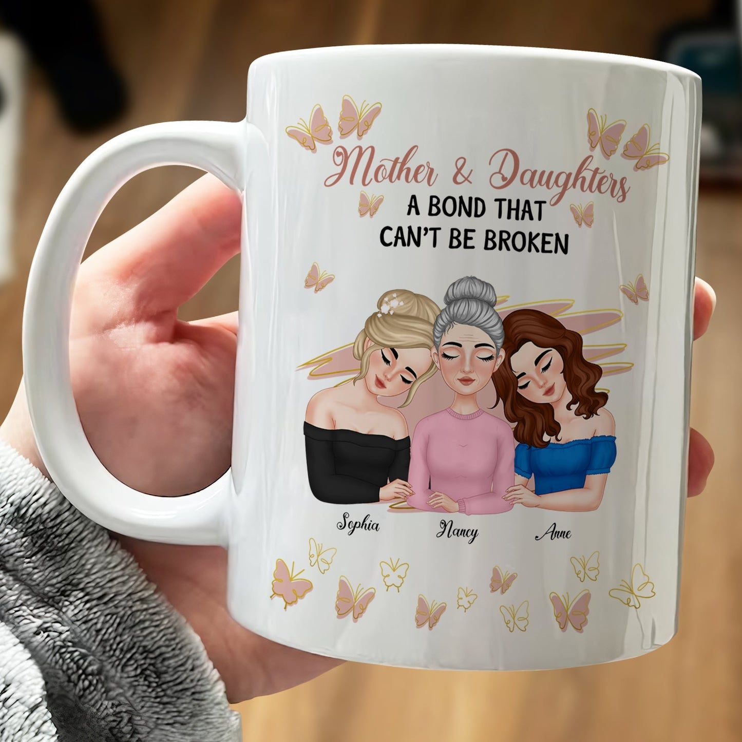 Personalized mother daughter mug featuring three women with the quote about an unbreakable bond
