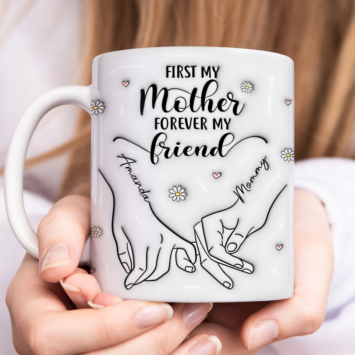 Personalized mother mug with hand-drawn artwork and the words 'First my Mother Forever my friend'