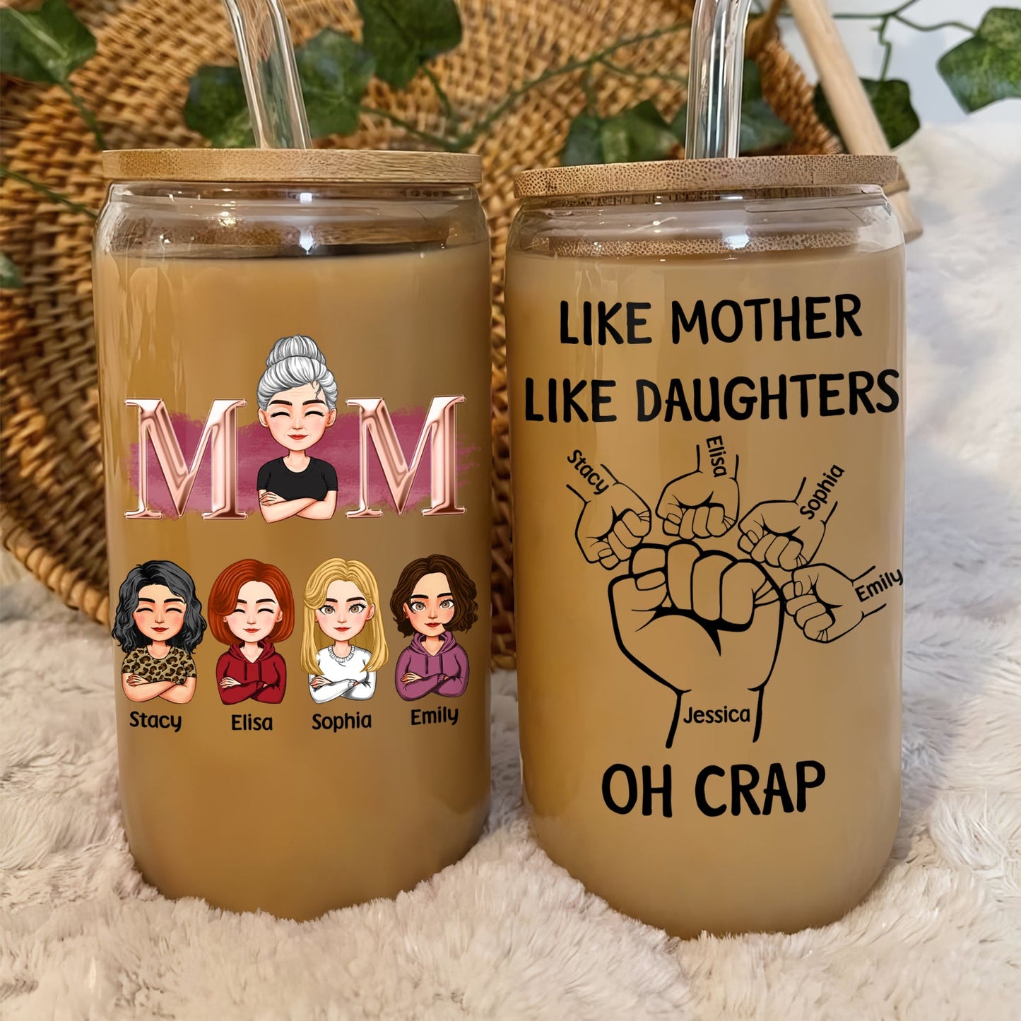 Personalized Mother's Day can glass featuring cute character designs and fun family text