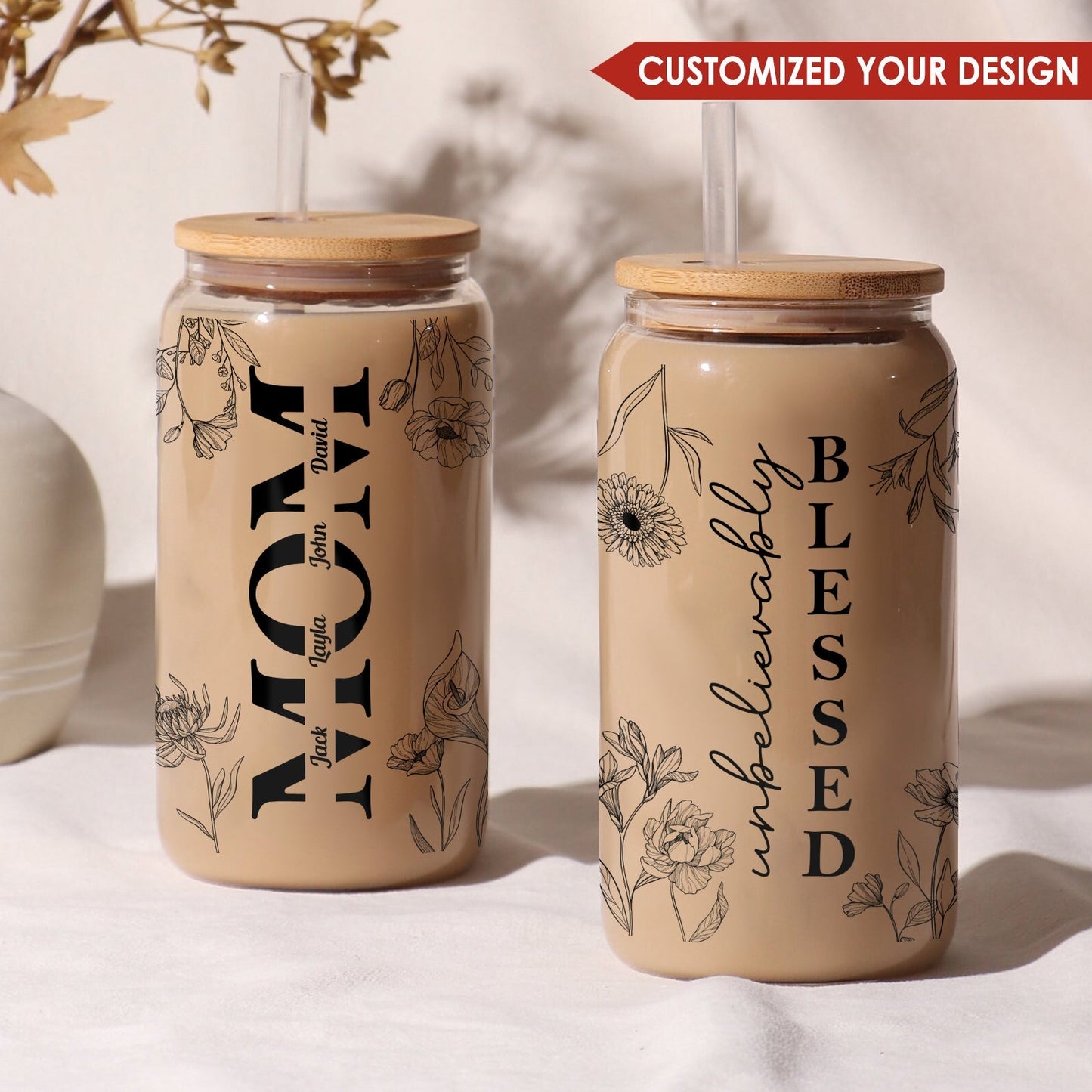Personalized Mother's Day glass can featuring floral designs and a bamboo lid for a thoughtful gift