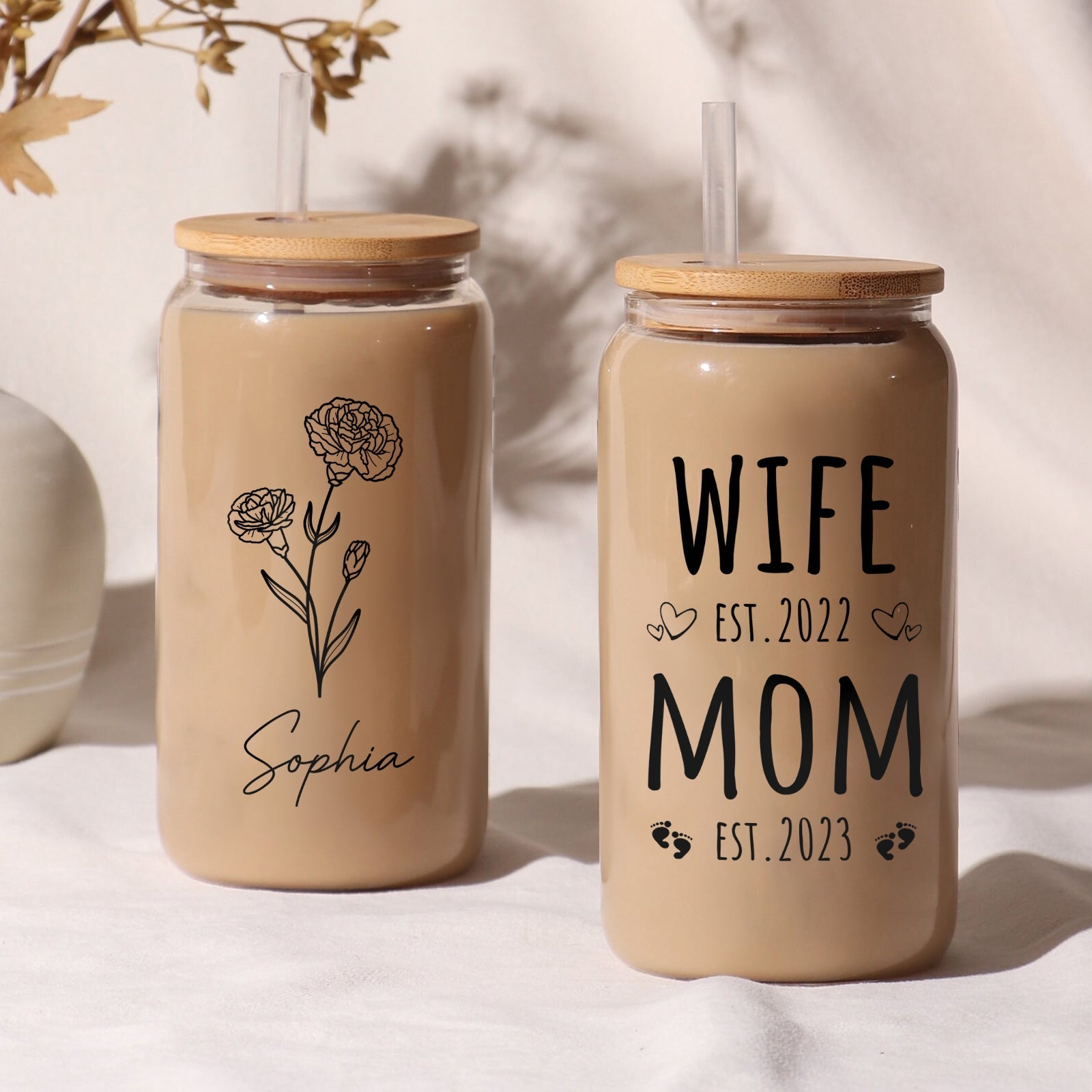 Personalized Mother's Day glass can with floral design and custom names for a thoughtful gift