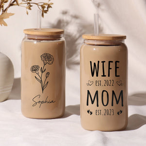 Personalized Mother's Day glass can with floral design and custom names for a thoughtful gift