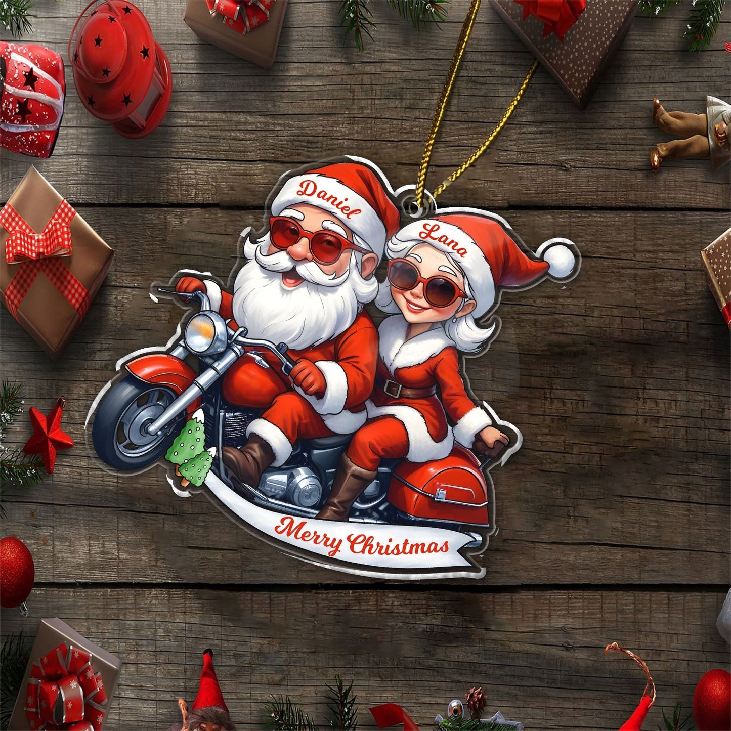 Personalized Mr and Mrs Claus ornament with Santa couple on motorcycle and custom names Daniel and Lana