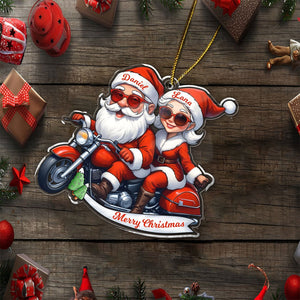 Personalized Mr and Mrs Claus ornament with Santa couple on motorcycle and custom names Daniel and Lana