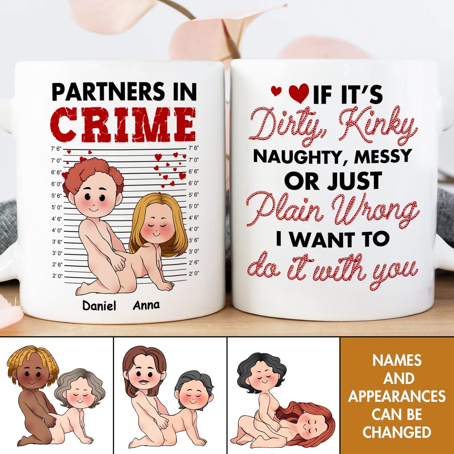 custom couple coffee mug showing two white mugs with playful cartoon partners in crime design and risque quote and custom names