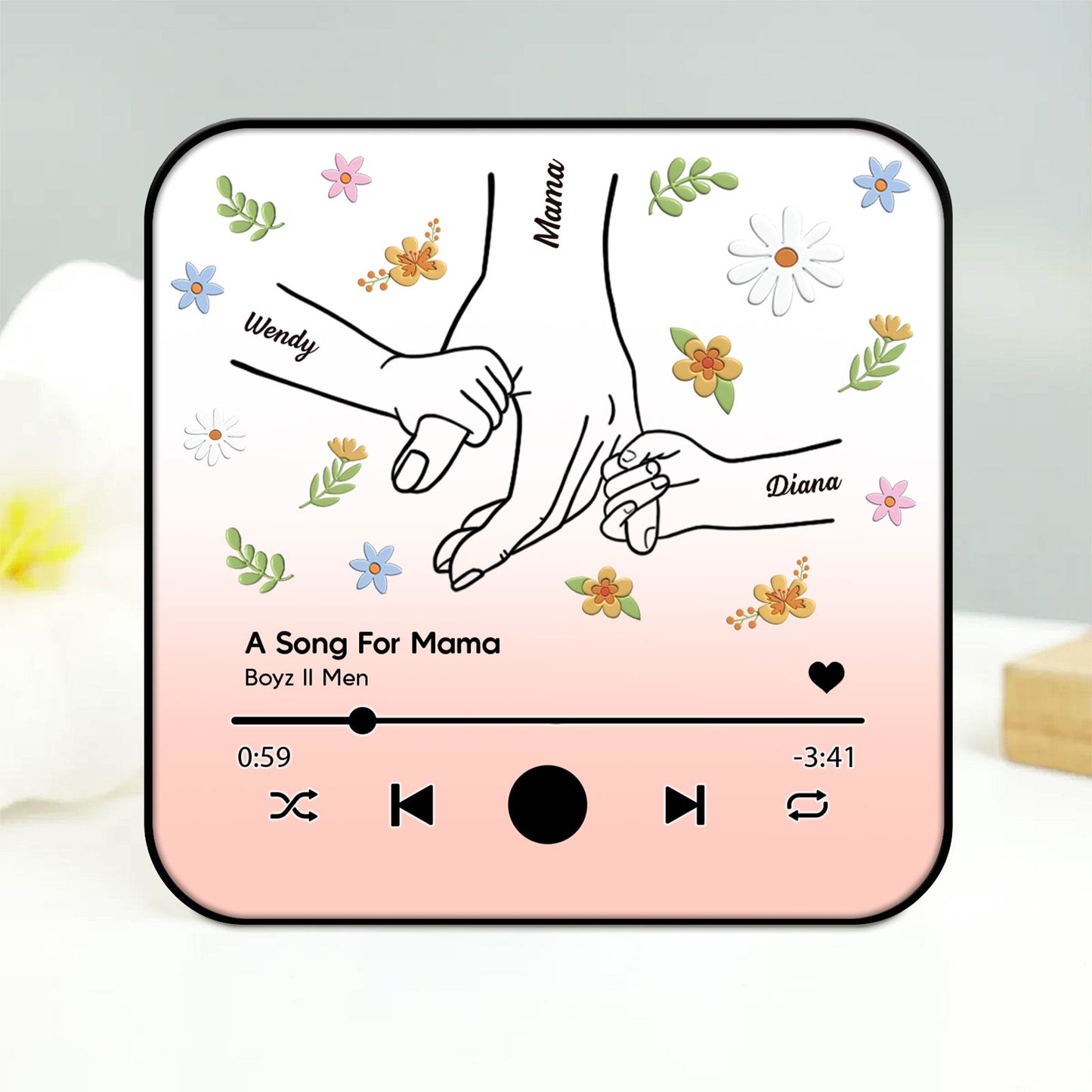 Personalized music magnet for mom featuring flower designs and sentimental message