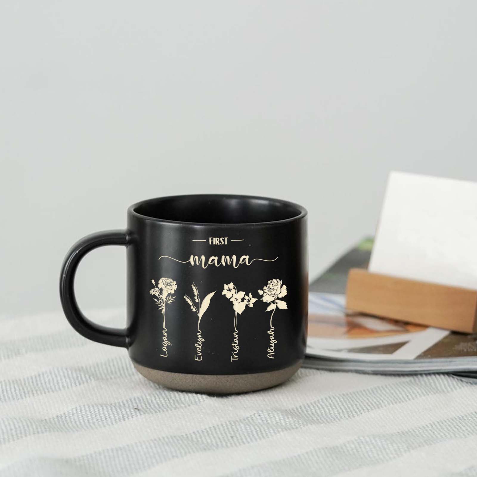 Personalized nanny mug featuring floral designs and the text First Mama for special gifting