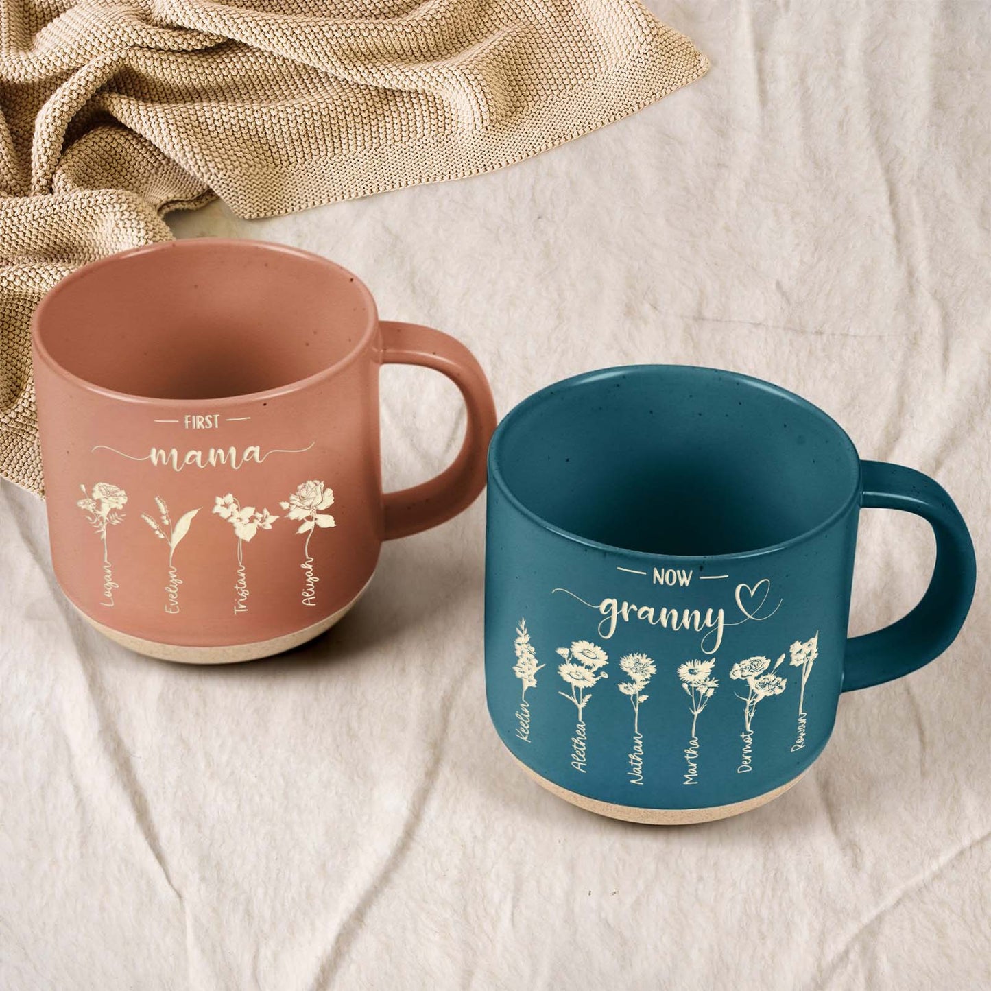 Personalized nanny mug set in pink and blue with floral designs and heartfelt messages